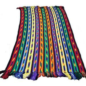 Vtg Crochet Afghan Blanket Handmade Multicolor Tassel Edge Throw 48X82